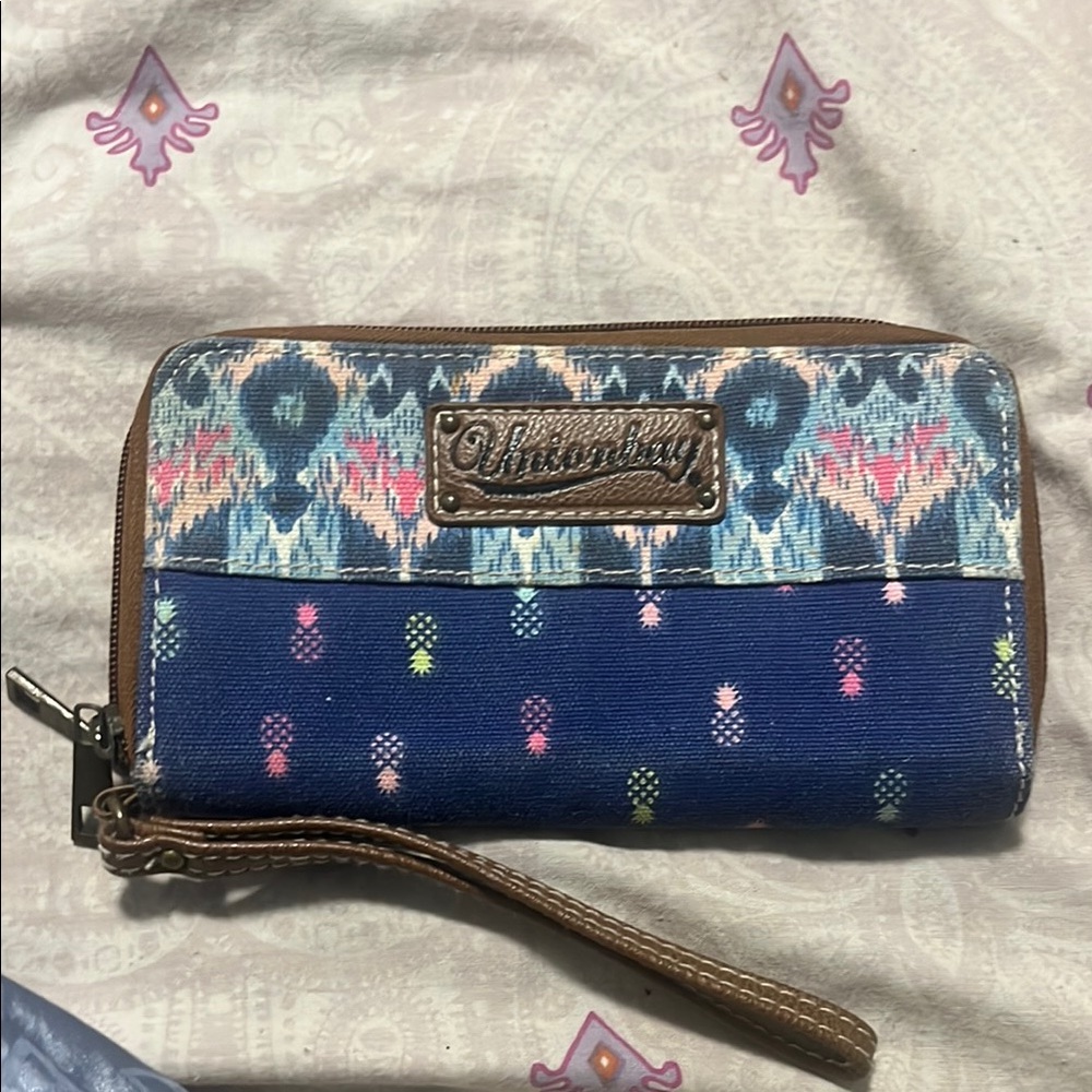 UNIONBAY Blue and Brown Wallet with Durable Zip Closure